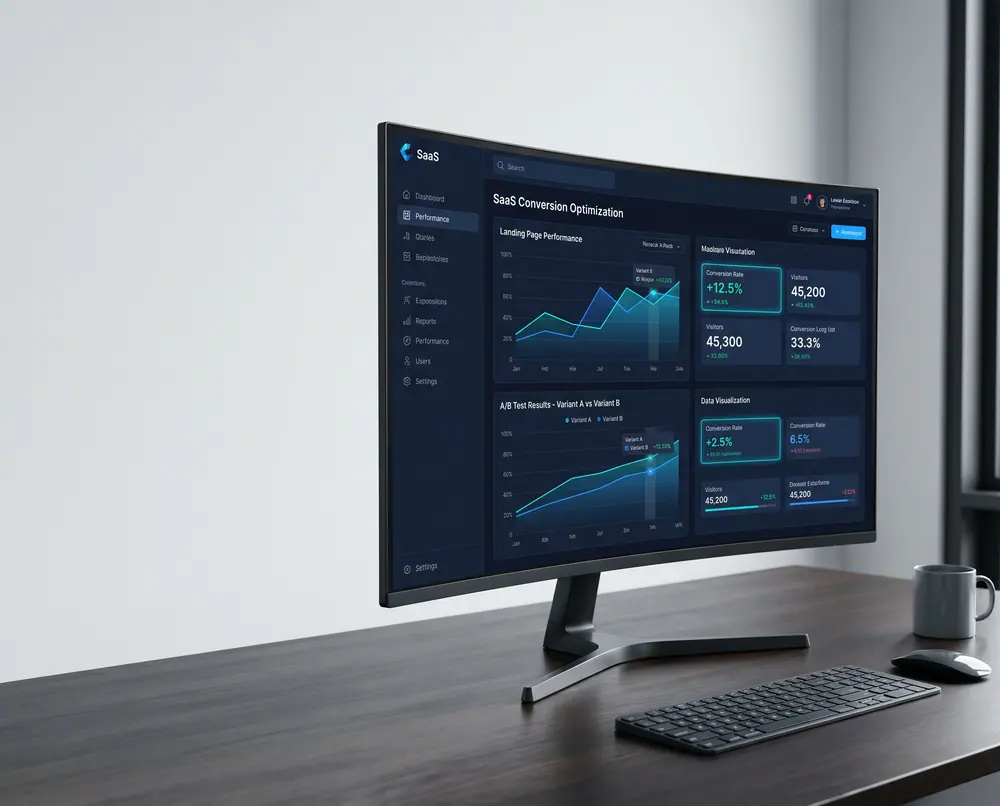 Landing page dönüşüm optimizasyonunu gösteren A/B test paneli